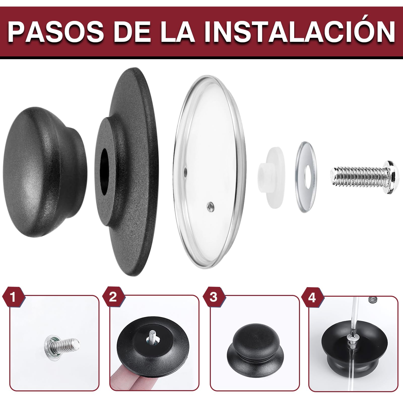VEGCOO Perilla De La Tapa Pomo Universal para Tapa Asa De La Tapa Mango De La Tapa De La Olla Pomos para Menaje De Cocina Tapas para Ollas Negro