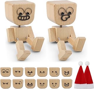 2PCS Shaking Feet Wooden Doll, Tiny Wooden Shaking Man Doll with Spring Legs with 12pcs Magnetic Expressions Funny Cars Ornaments Wood Desktop Decor, Car Dashboard Accessories, Christmas Decorations