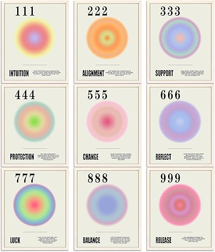 Juego de 9 pósteres con números de ángel Aura, estético, minimalista, positivo, afirmación positiva, inspirador, póster para habitación, lienzo