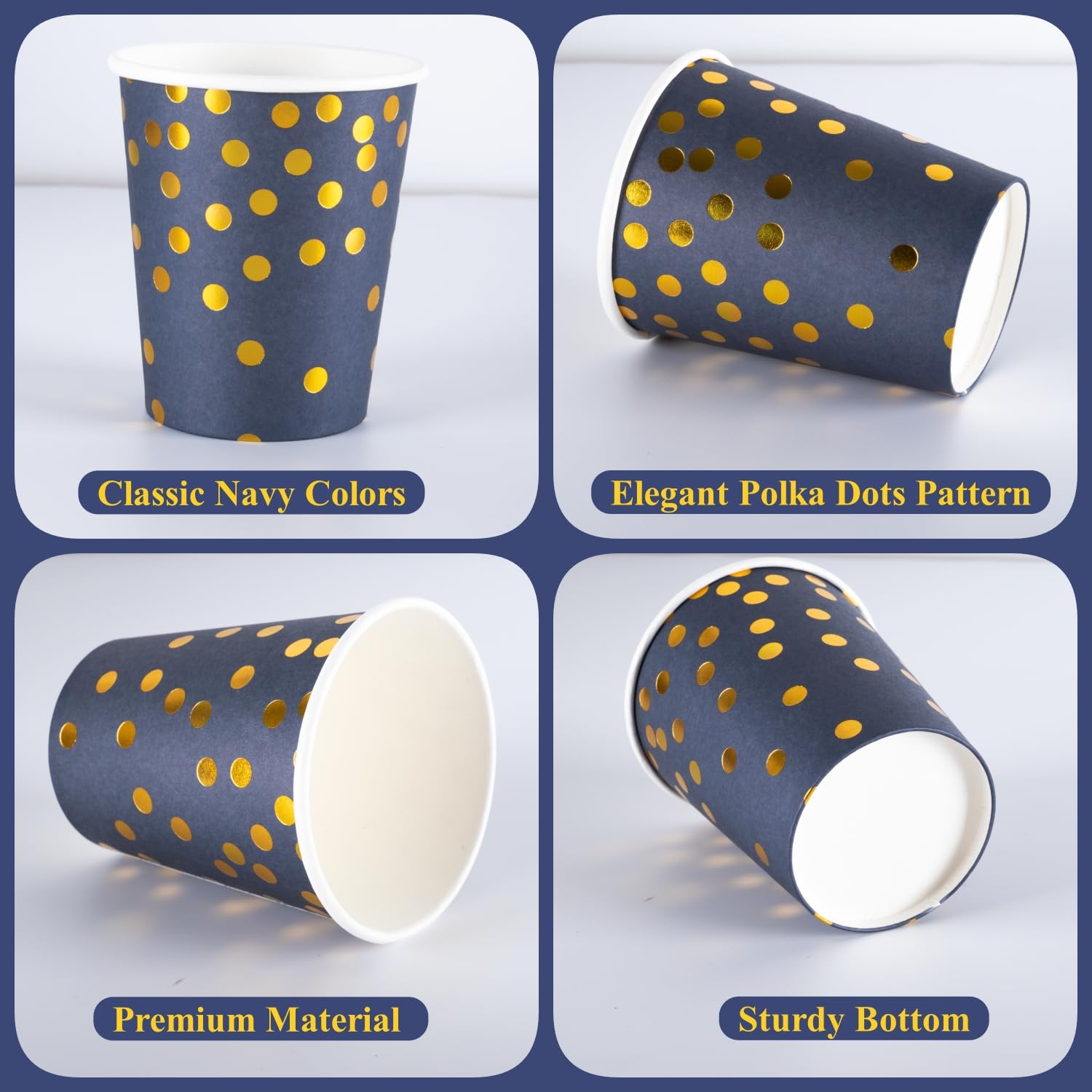 CEILIWEN 100-Pack 9oz (250ml) Navy Blue & Gold Foil Dot Party Cups, Elegant Royal Blue Paper Cups for Hot & Cold Beverages - Image 4