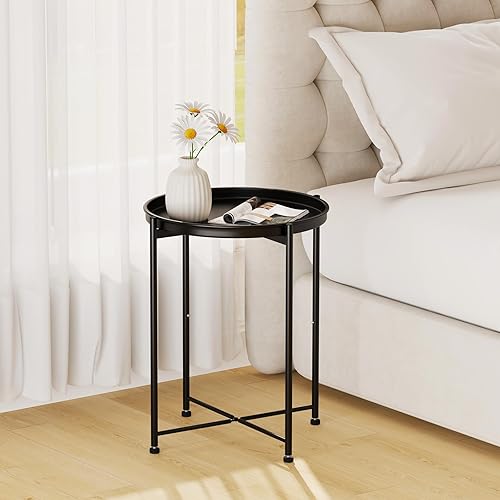 Miniatura 4 de Garden 4 you Mesa auxiliar pequeña, mesa auxiliar redonda, mesa de bandeja con marco de metal, mesita de noche moderna para sala de estar,