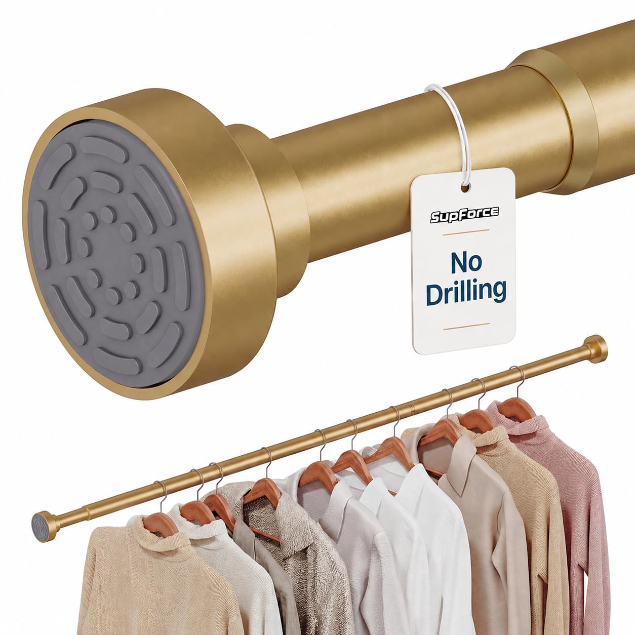Supforce No-Drill Wardrobe Rail, 43-137cm Heavy Duty Tension Rail, Gold