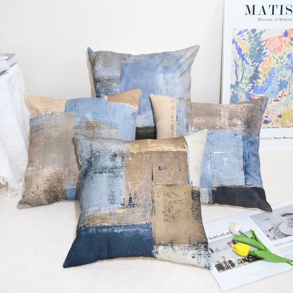 QUALKNOY Set of 4 Cushion Covers 18"x18" Navy Blue Brown Modern Abstract Art Boho Decorative Throw Pillow cases 45 x 45cm for Sofa Living Room Garden Outdoor Home Decor Pillowcases - Image 2