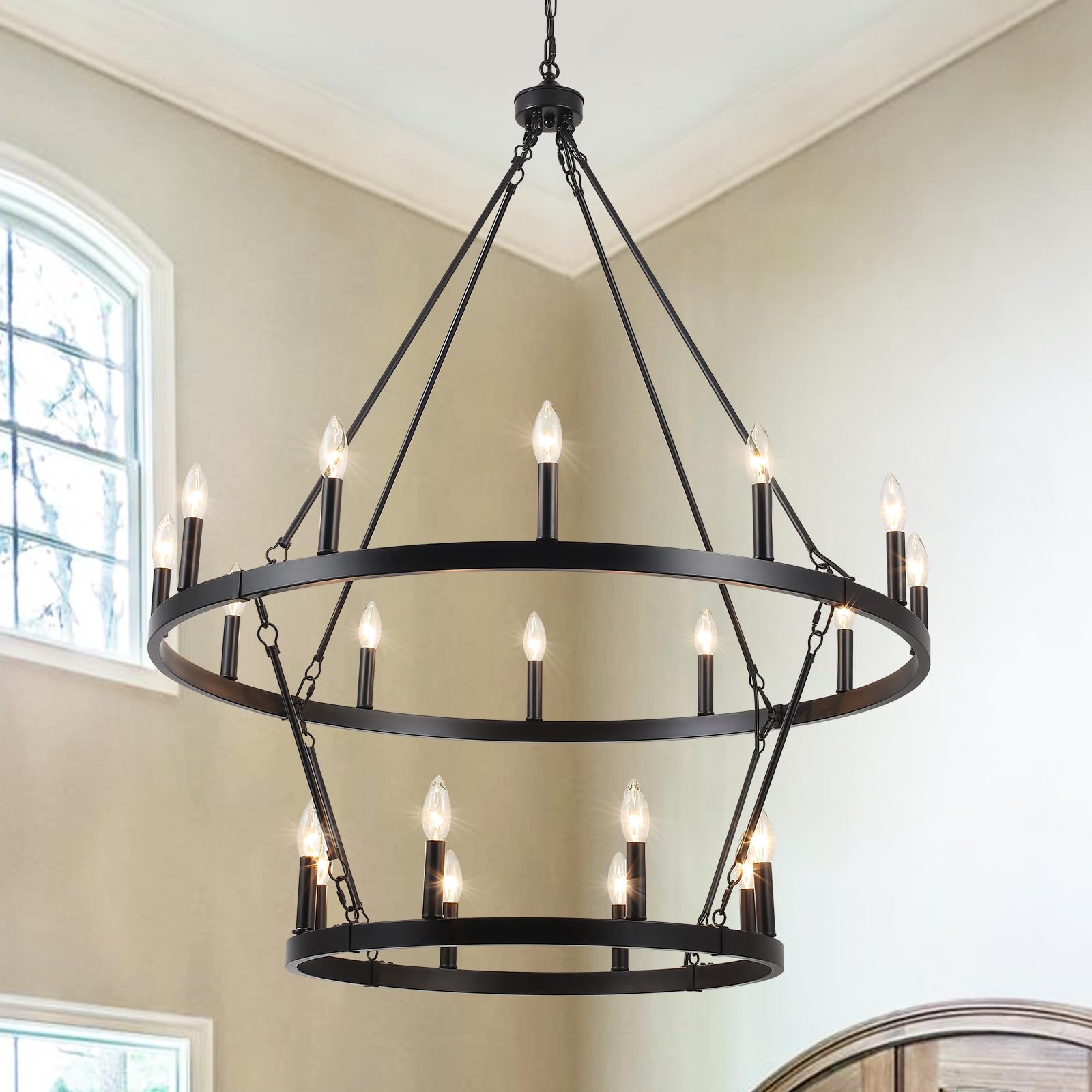 KOSTOMO Black Wagon Wheel Chandelier 2 Tier 20-Lights 40 Inch Extra Large Farmhouse Light Fixture Rustic Lighting Round Chandeliers for Dining Room