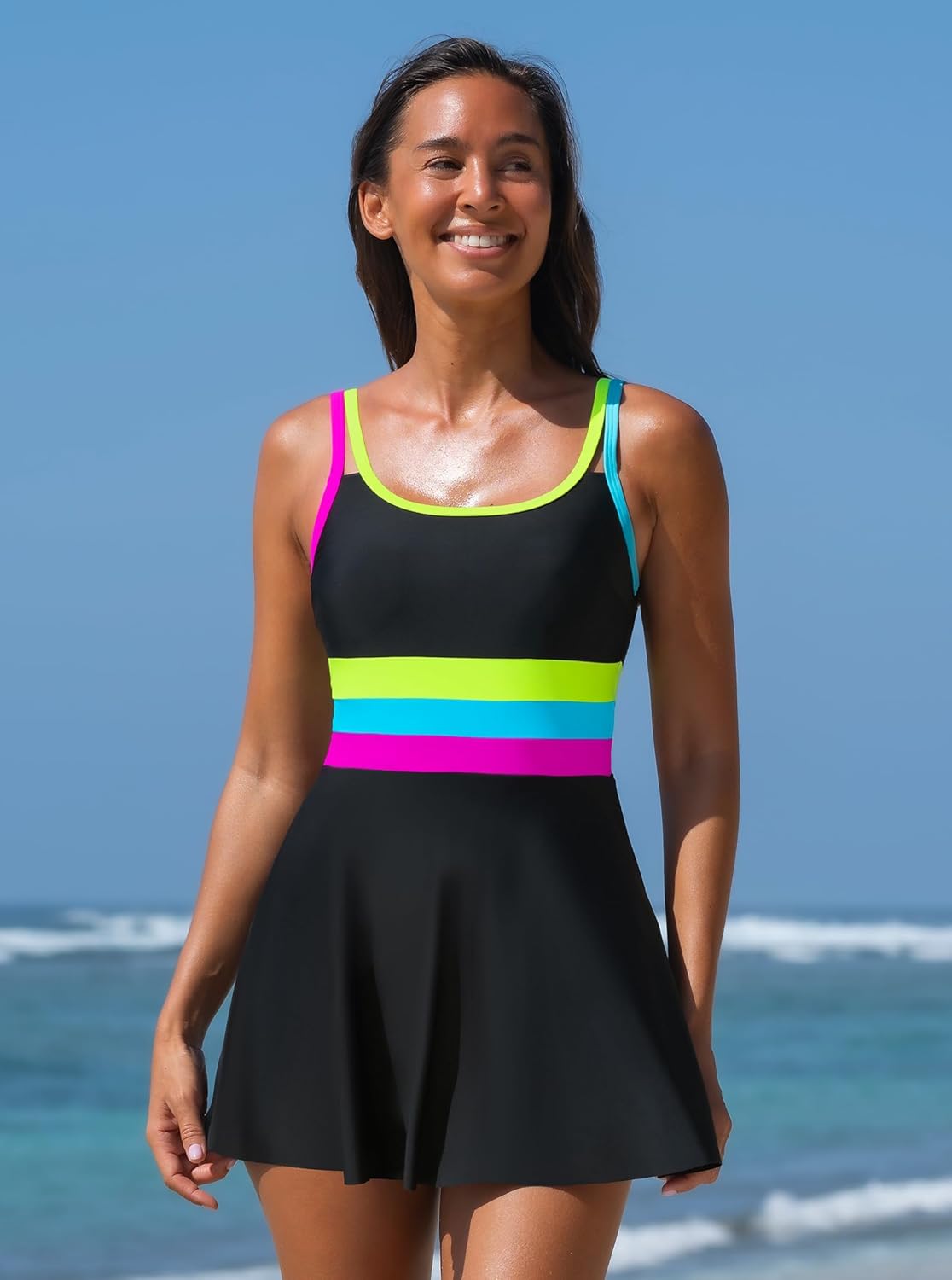 popvil Women One Piece Swimsuit 2026 Tummy Control Bathing Suit Neon Modest Swim Dress with Skirt Full Coverage - Image 5