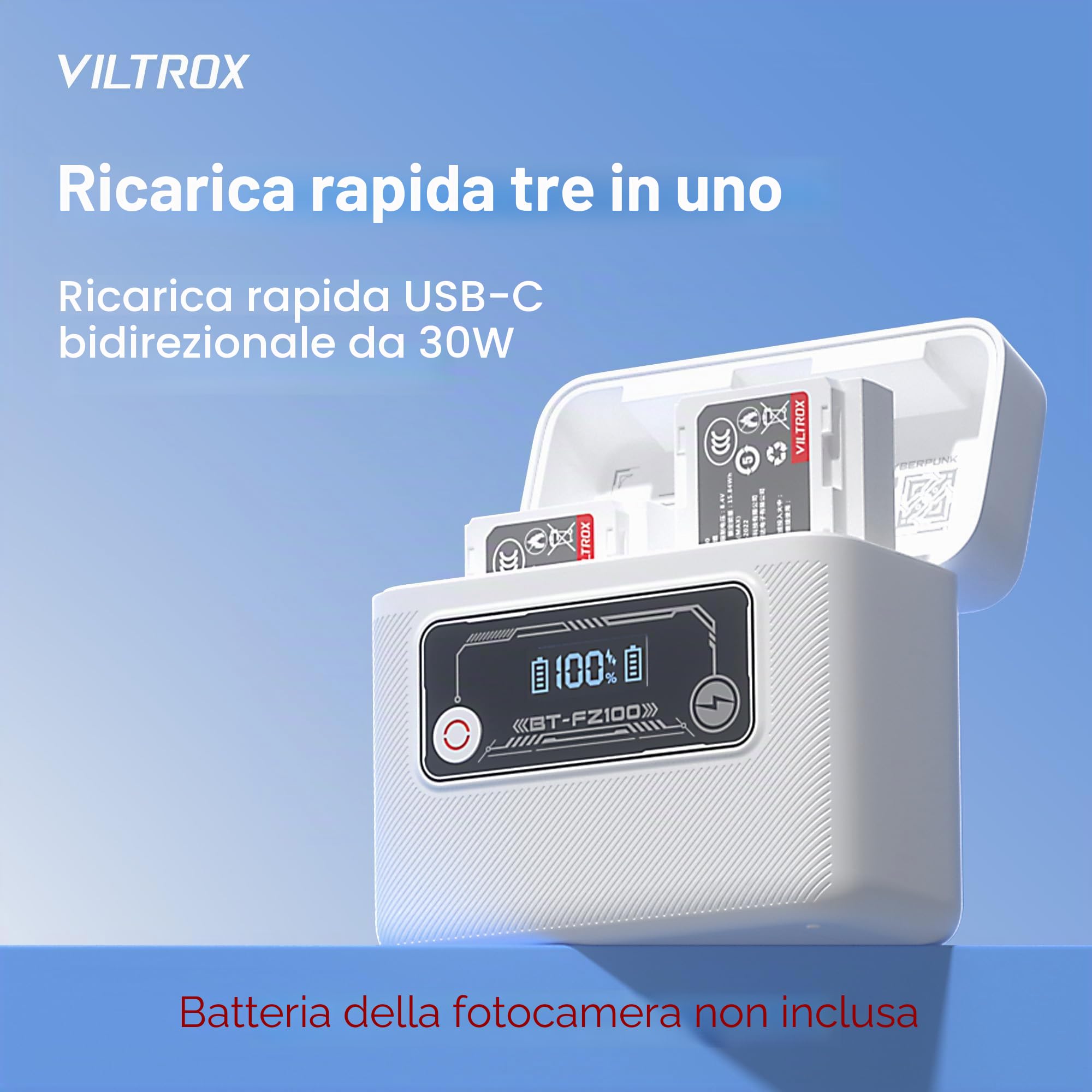 VILTROX NP-FZ100 Caricabatterie e Power Bank per Fotocamera, 5500mAh, Ricarica Rapida 30W USB-C Bidirezionale, Compatibile con Batterie Sony a7 a7II III IV a7R II III IV V a7S a7SII a7SIII a1 ZV-E1