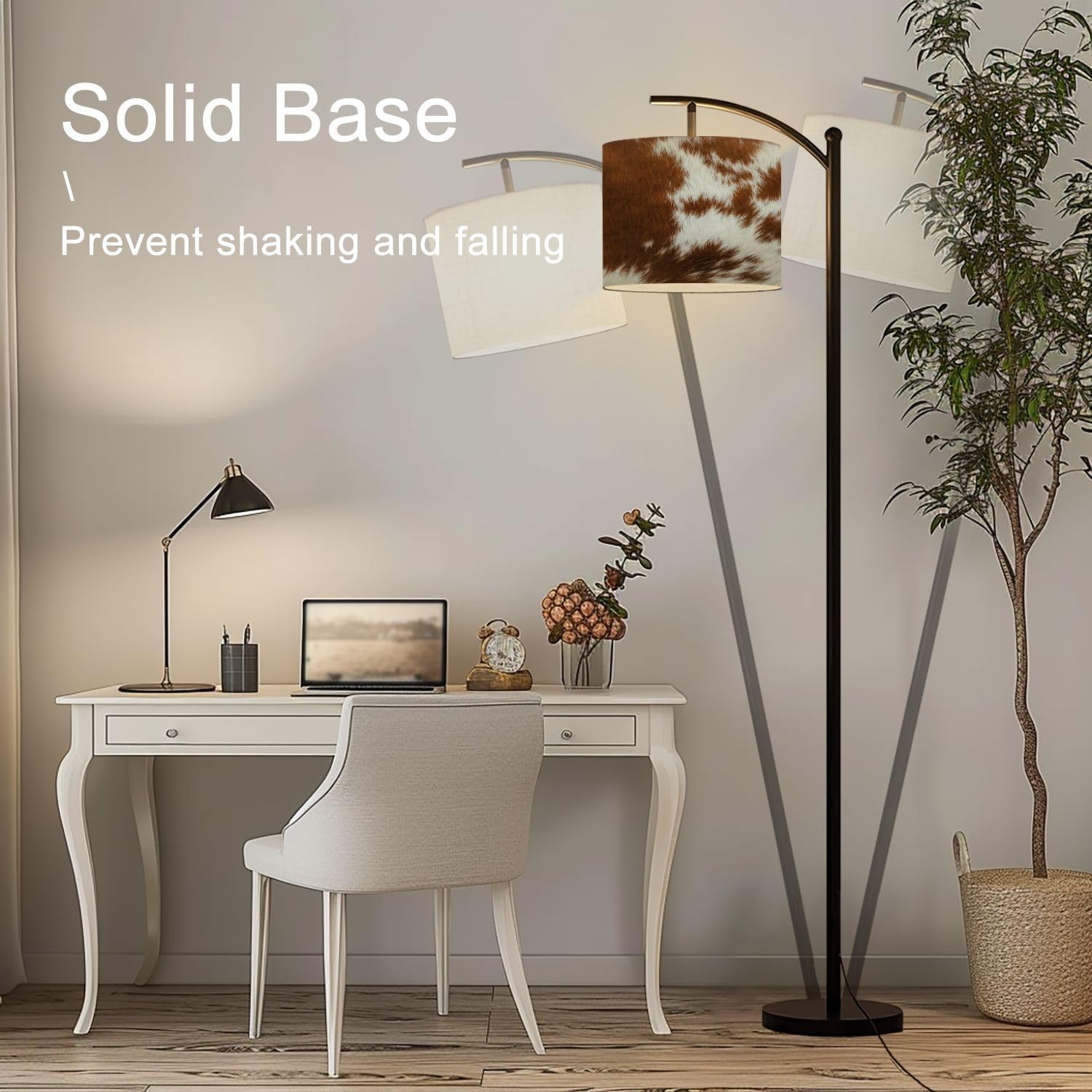Arc Floor Lamp Cow Fur Modern Tall Standing Lamp Dimmable with Remote Adjustable Drum Shade Footswitch for Living Room Bedroom Office