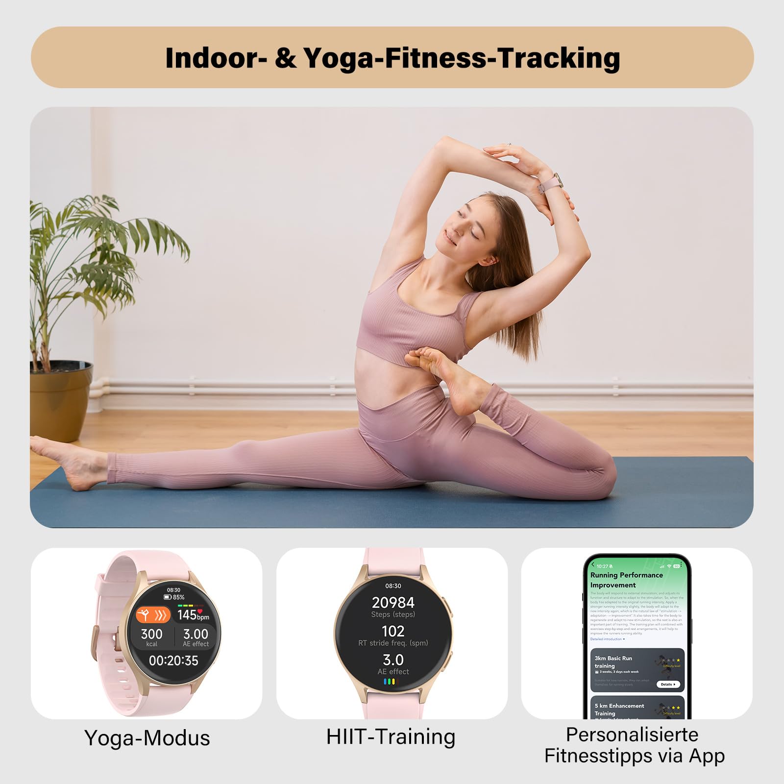 Smartwatch Damen Rosa mit GPS & Telefonfunktion, 1.32" AMOLED Fitness Tracker mit Alexa, 110+ Sportmodi, Pulsuhr/Schlafmonitor/Body Energy, 5ATM Wasserdicht, Sportuhr für iOS Android