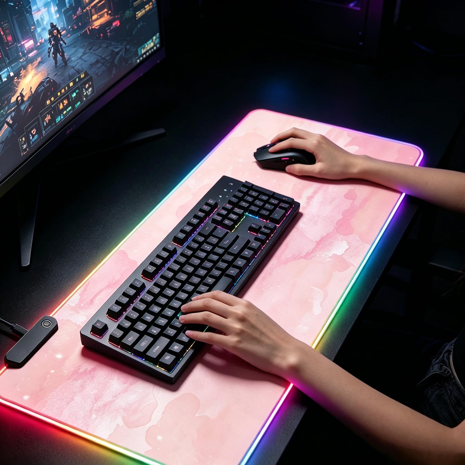 RGB, duża gamingowa podkładka pod mysz, rozszerzona podkładka pod mysz z 12 efektami świetlnymi, wodoodporna powierzchnia Mutispandex, antypoślizgowa gumowa podstawa, 80 x 30 cm (różowa mgławica)