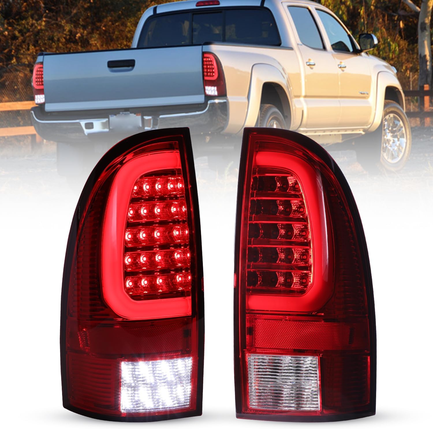 ROXX Full LED Sequential Tail Lights for Toyota Tacoma 2005-2015, LH & RH C Shape LED Lamps Tail Light Brake Parking Lamps with Red Sequential Turn Signal Indicator Black Housing Red Lens