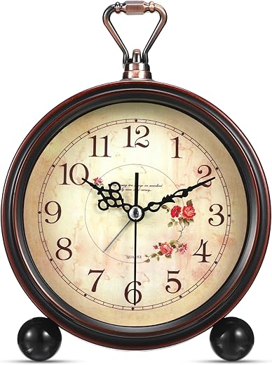 Veemoon Vintage Desk Alarm Clock - 8# Antique Silent Table Clock Decorative Quiet Non-Ticking Alarm - Retro European Style- for Kids, Office, Desk Bedside Shelf Decor, No Battery