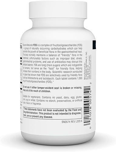 Miniatura 10 de Source Naturals FOS 1000 mg Fructooligosacáridos Potenciador Probiótico - 100 Tabletas