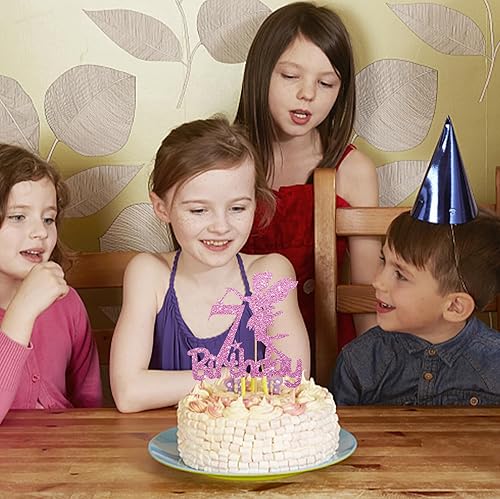 Miniatura 6 de Decoración para tarta de 7 cumpleaños con purpurina rosa, decoración de pastel de 7 años para niña, decoración de fiesta temática de jardín de hadas
