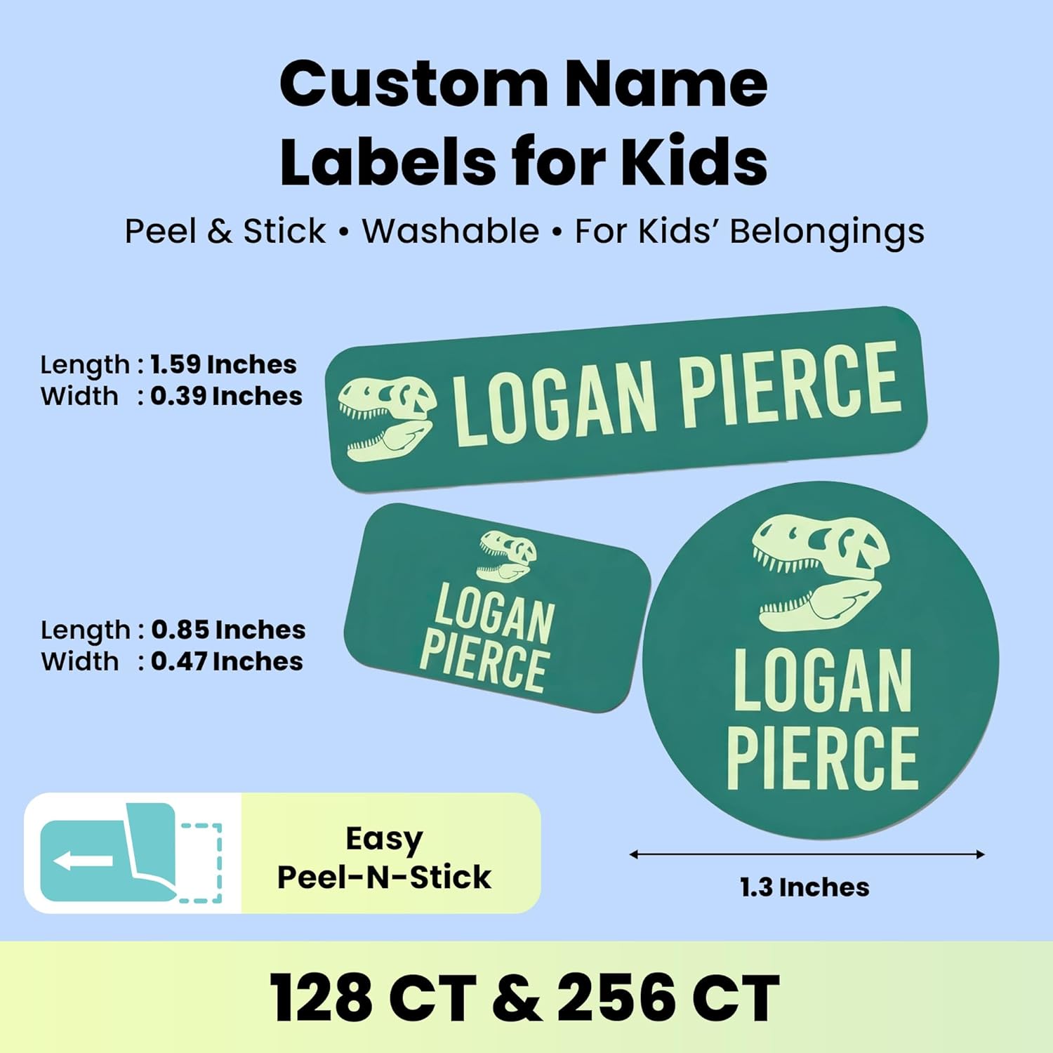 Label Daddy Personalized Name Labels for Boys – Washable Custom Name Tags – Premium Waterproof Labels for School, Clothing, Lunch Boxes, Summer Camps & More – 128 Ct & 256 Ct | T-Rex Design