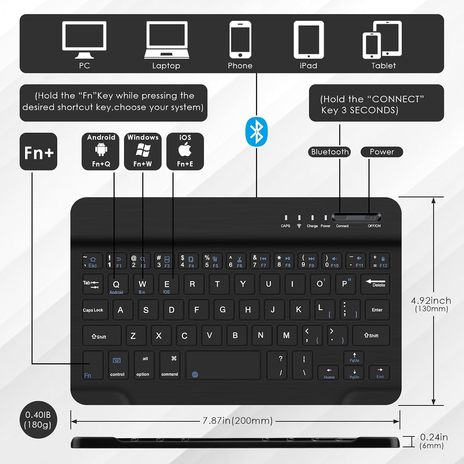 DETUOSI Universal 8.0-8.7 inch Wireless Bluetooth Keyboard for iPad,Samsung Tablet, iPhone Smartphone, iOS, Android Tablets Multi-Device Travel Portable