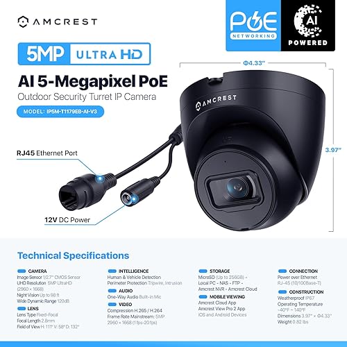 Miniatura 7 de Amcrest Paquete de 2 cámaras POE de seguridad IP UltraHD de 5 MP con micrófonoaudio 5 megapíxeles visión nocturna de 98 pies lente de 0110in IP67