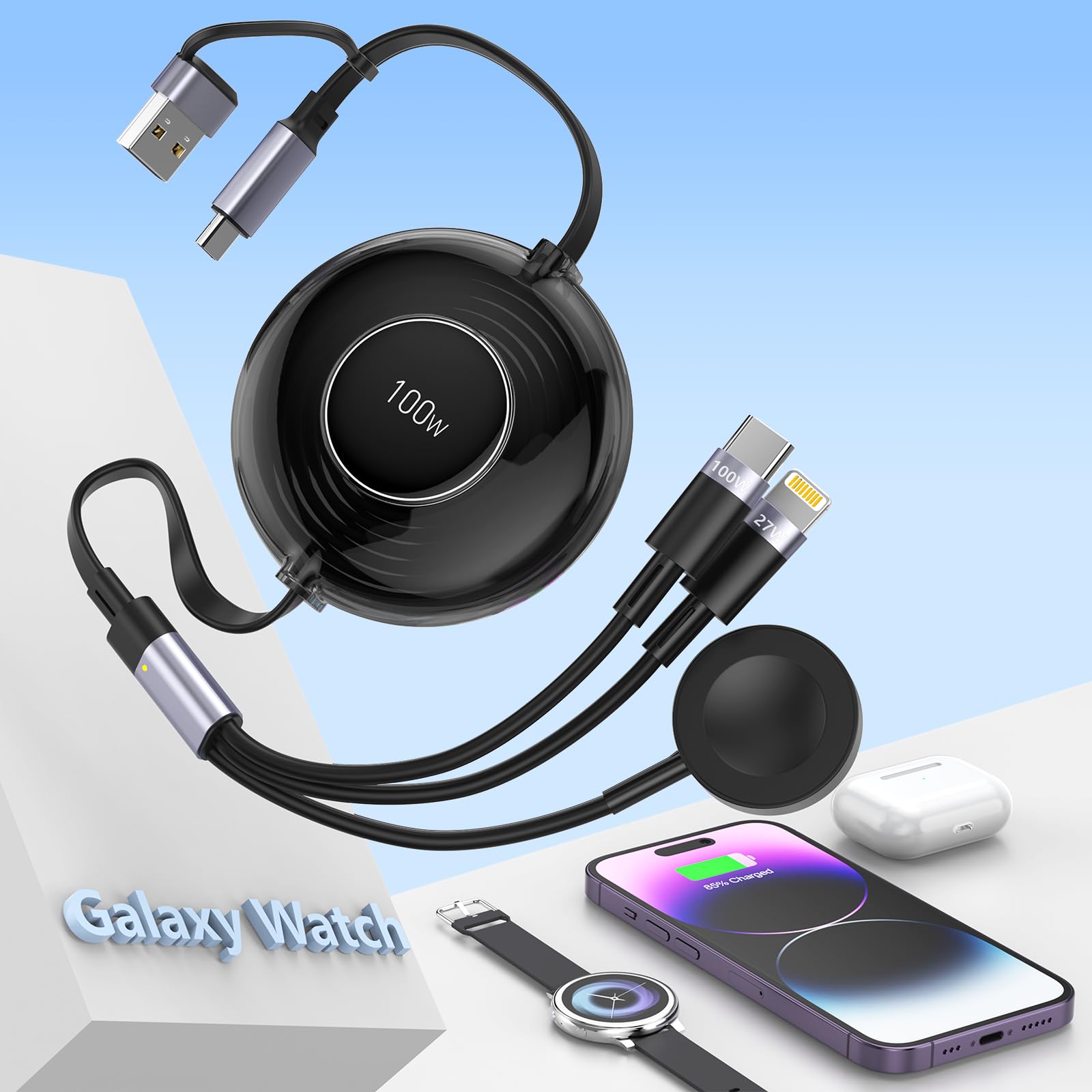 Retractable 100W Samsung Galaxy Watch Charger Fast Charge Cable,Multi 3-in-2 USB C/A to Lightning+USB C+Galaxy Watch Charger for Galaxy Watch 6/5/4/3/2/Pro/Active,iPhone15/14/13/12,Galaxy S24/23/S22