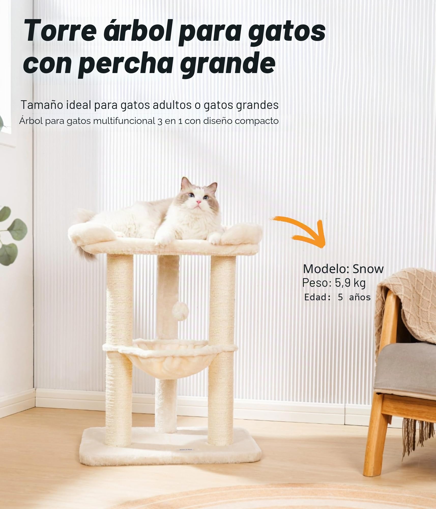 Happi N Pets Torre de árbol para Gatos de Interior de 28 Pulgadas, Poste rascador Grande y Alto con Cama, rascador de sisal con Percha Suave y Hamaca acogedora, Soporte Estable para Gatos, Funda