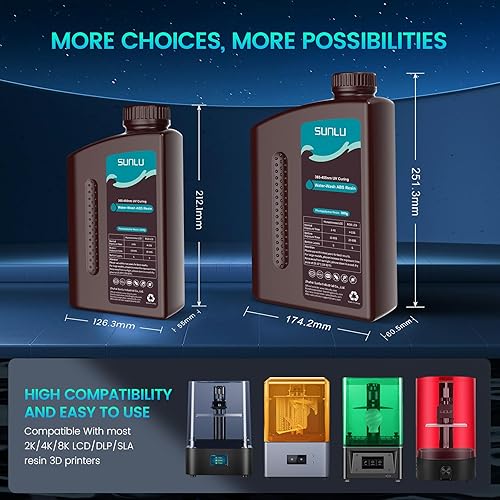 Vista 19 de SUNLU Resina ABS de 70.55 oz para impresora 3D, fotopolímero de curado UV de 405 nm, resina 3D rápida para impresoras 3D LCD/DLP/SLA de 2K 4K 6K 8K