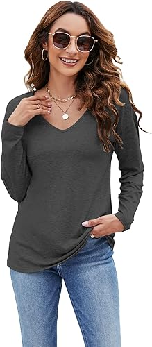 Miniatura 2 de Sherosa Camisetas de manga larga con cuello en V para mujer, ajuste holgado, estilo casual, color liso, básicas