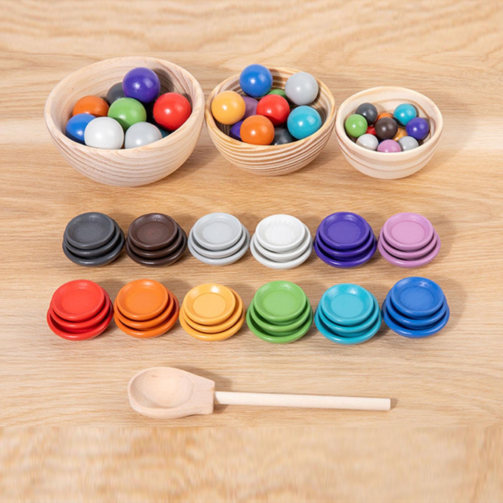 Générique Farbe für – Farbsortier-Set aus Holz mit Bällen, Tellern und | Löffeln, verschiedene Größen, vorschulisch, Feinmotorik