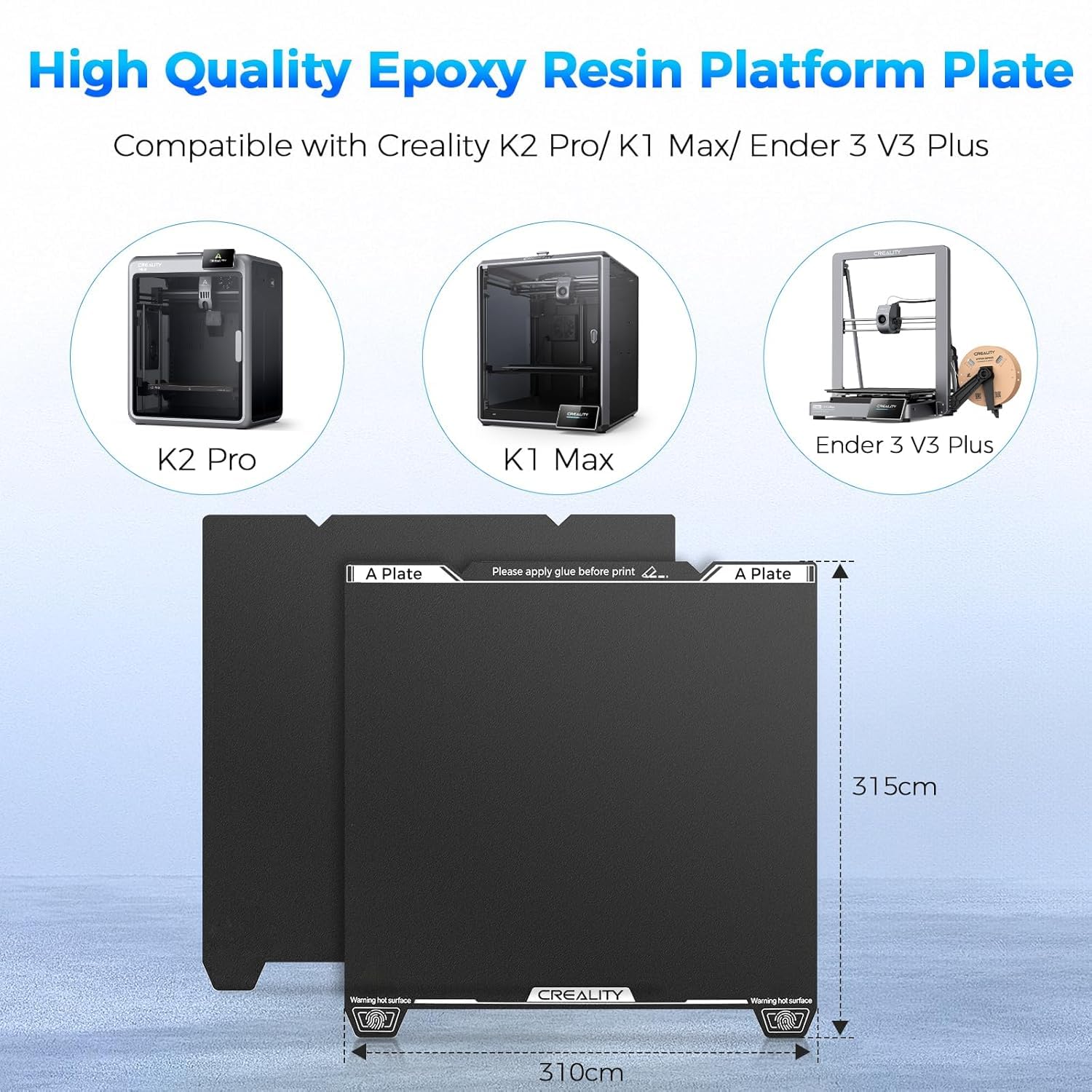 Creality K1 Max płyta robocza z żywicy epoksydowej, 315 × 310 mm, K2 Pro płyta łożyskowa ze stali sprężynowej, odporna na zużycie, elastyczna platforma drukująca do drukarek 3D Creality Ender 3 V3
