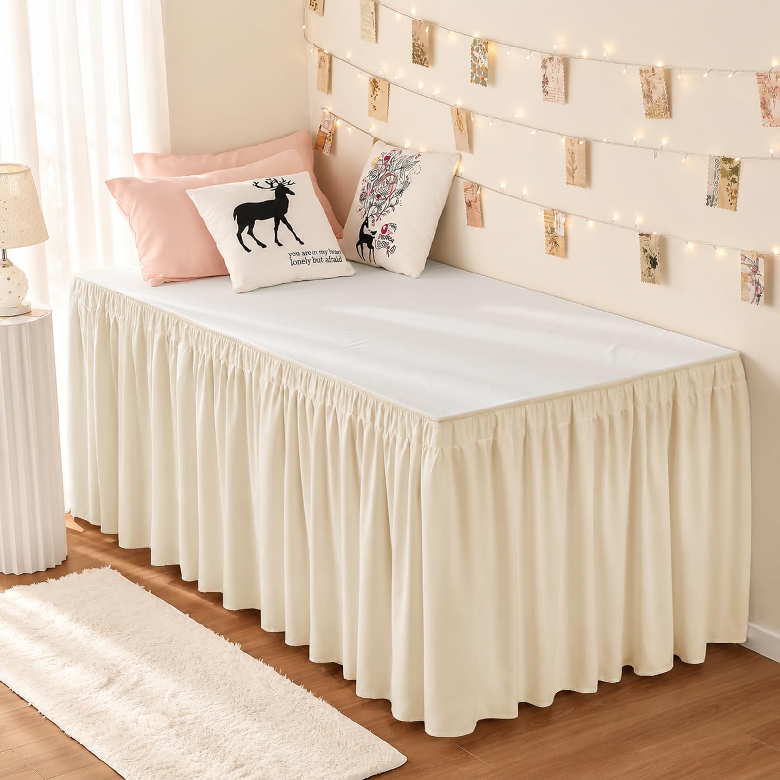 RIMELA Dorm Bed Skirt Twin XL 32 Inch Drop, Easy to Install Extra Long Wrap Around Elastic Dust Ruffle, Cream Bedskirt Solid Silky Fabric Machine Washable (Twin XL 80“L x 39”W &amp; Twin 75“L x 39”W)