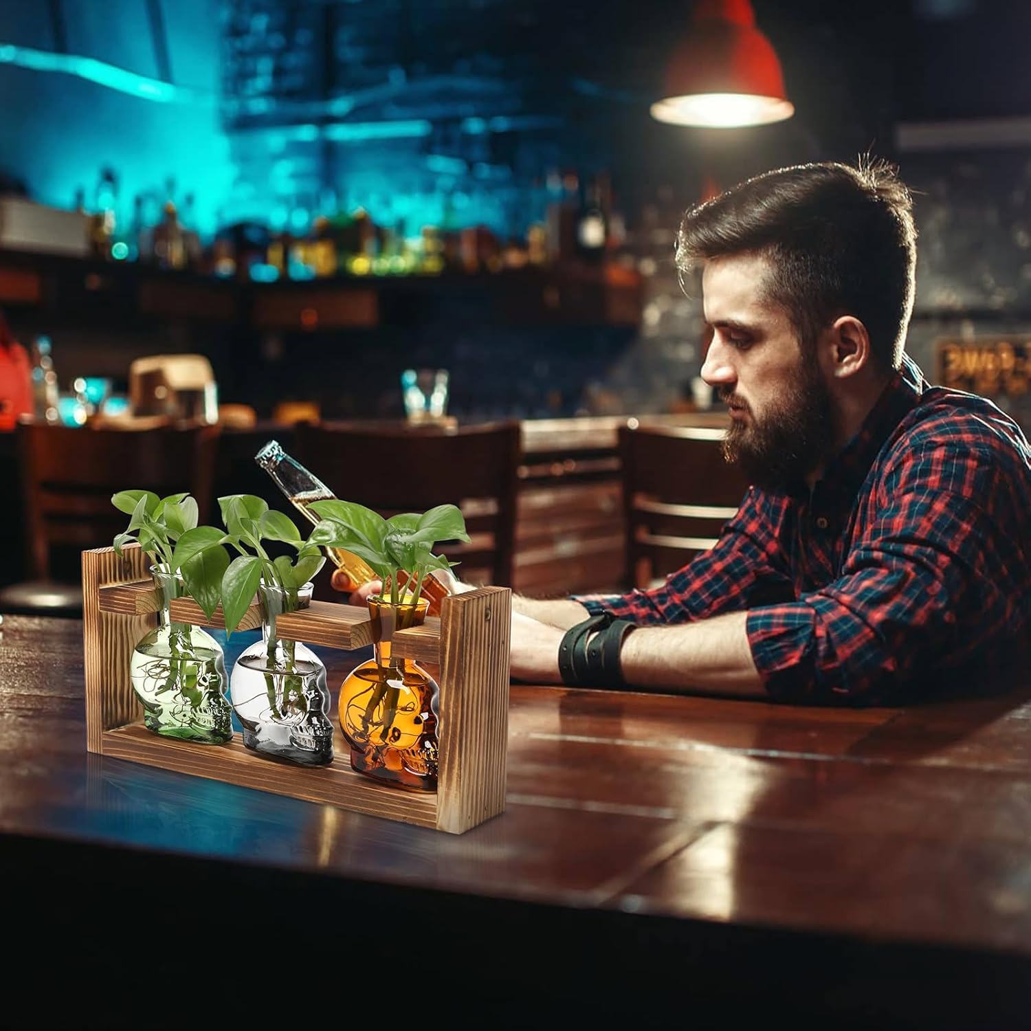 Plant Terrarium Propagation Stations Hydroponics Halloween Skull Planter Vase Skulls Decor with Wooden Stand Gift for Father - Image 5