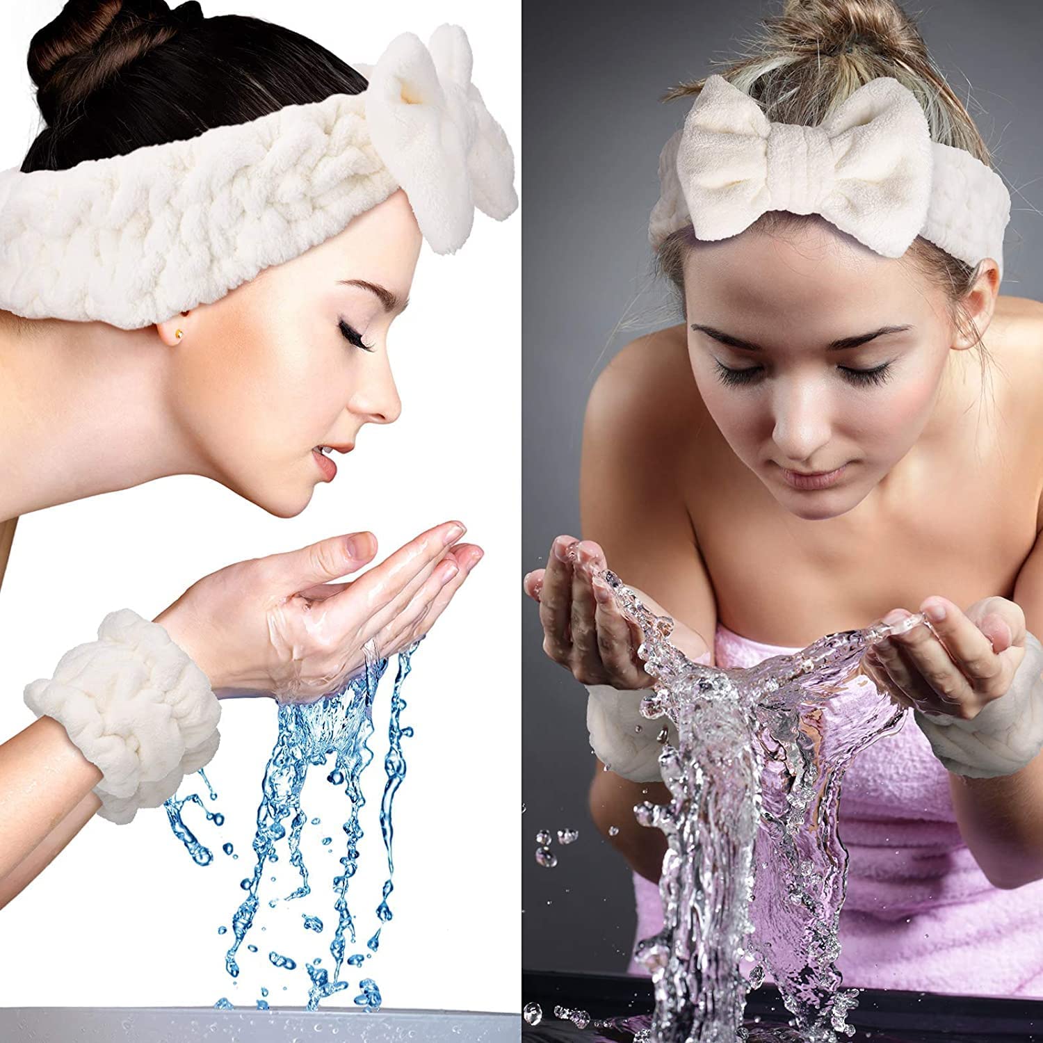 FRENYEAR 3 Pieces Spa Headband Wrist Washband Scrunchies Cuffs for Washing Face | Towel Wristbands Hair Headband Face Wash Wristband for Women Girls - White 4