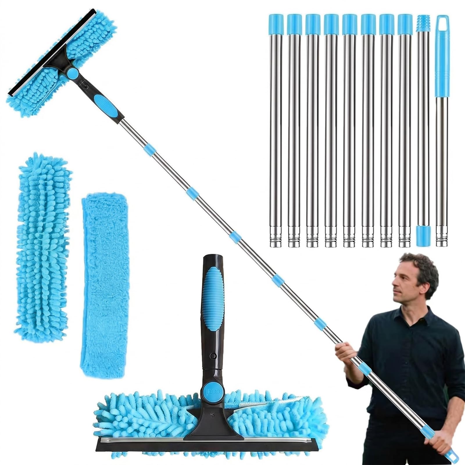 4.5M Window Squeegee Cleaner Tool Kit with Long Handle, 2-in-1 Squeegee & Microfiber Cloth,with Spider Web Brush for Indoor/Outdoor High Window, car windows cleaning