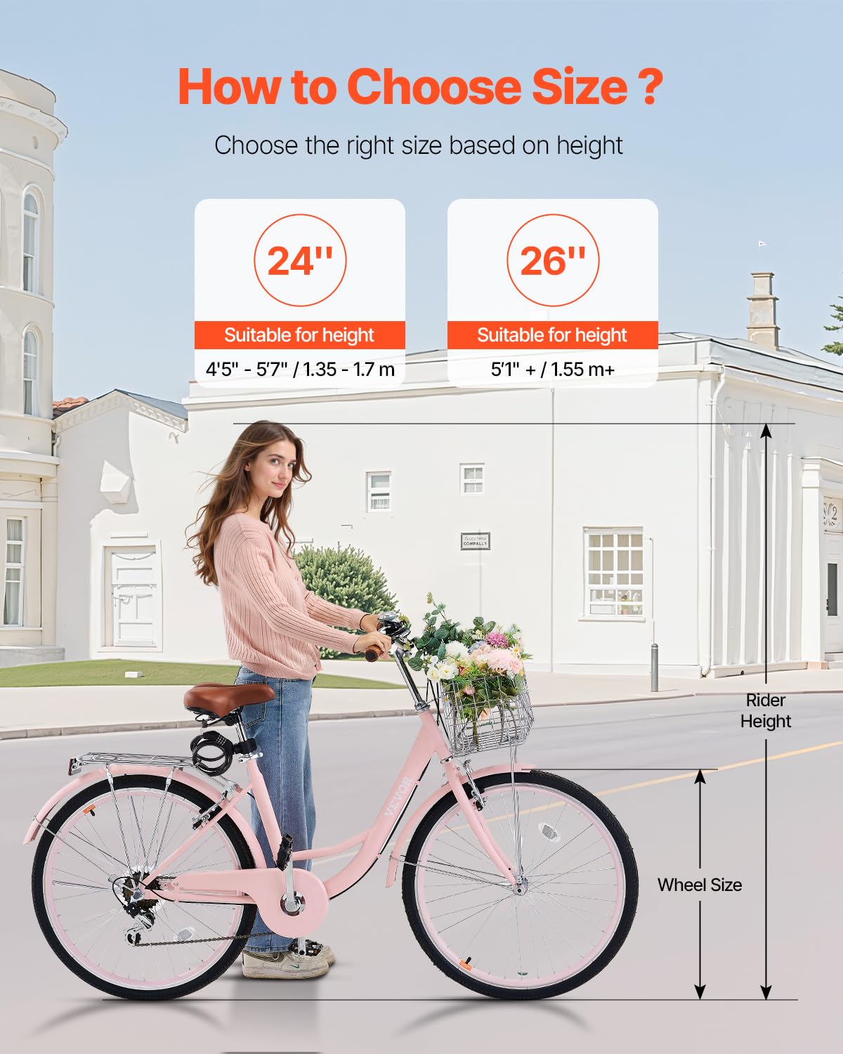 VEVOR Cruiser - Bicicleta de playa con 7 velocidades (diámetro del neumático 660,4 mm) con cesta grande y portaequipajes, bicicleta cruiser con asiento ajustable, para ciclismo, entrenamiento y