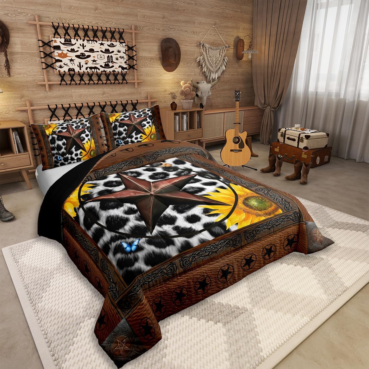 Erosebridal Western Texas Star Bedding Set Toddler, Rustic Cowhide Comforter Set for Kids Teens Adult Room Decor, Cow Print Farm Animal Duvet Insert Cowboy Vintage Sunflower Quilt, 1 Pillow Case