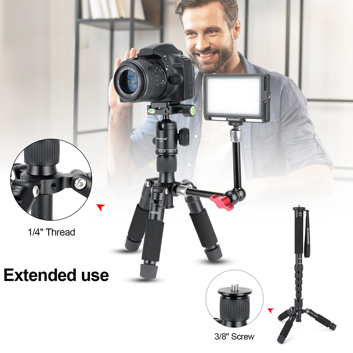 Koolehaoda Kompaktowy mini statyw biurkowy aluminiowy 51 cm z głowicą kulową 360° i torbą na lustrzankę cyfrową, kamerę wideo, przenośny mały statyw stołowy o nośności do 5 kg - czarny