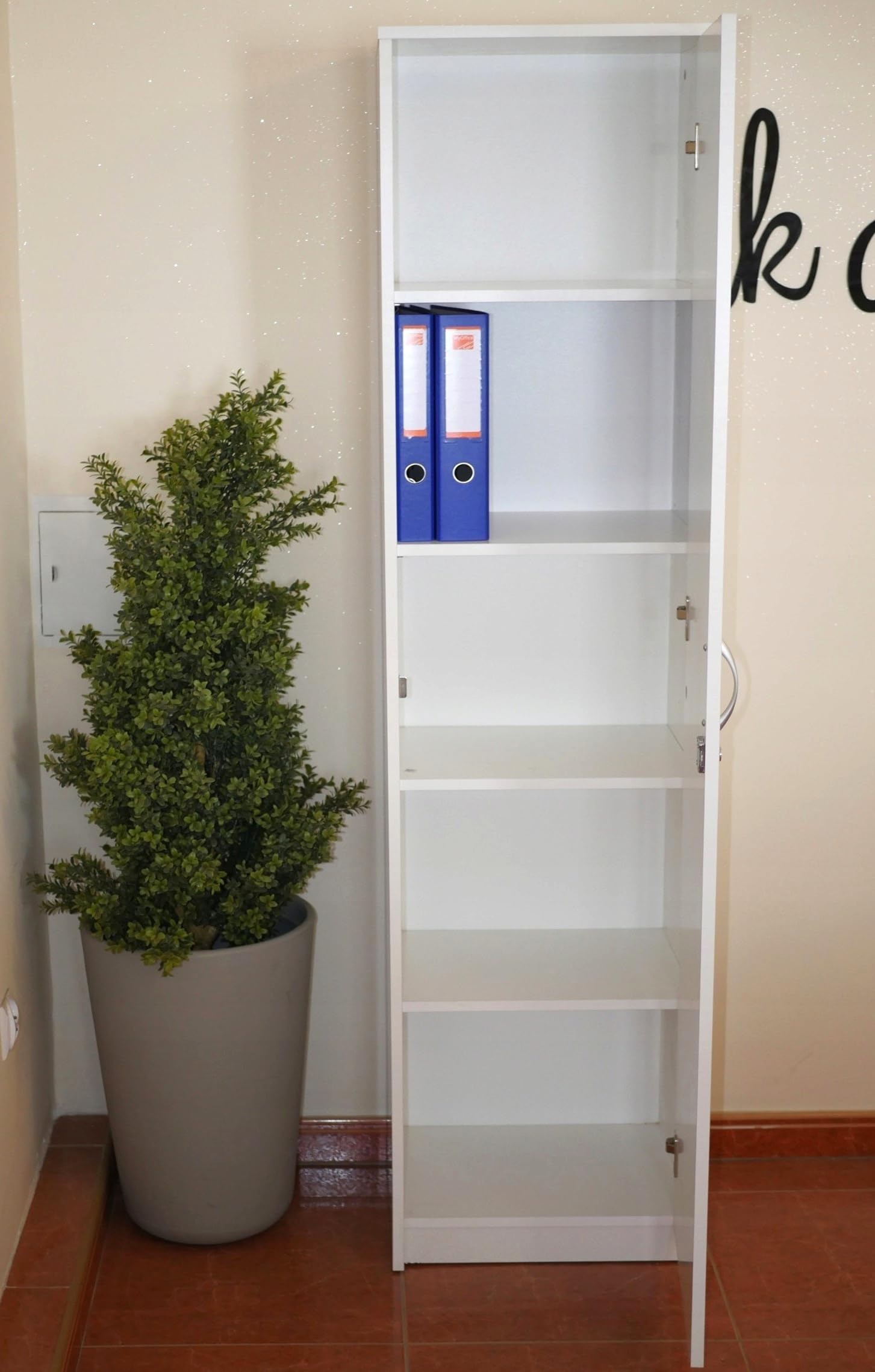 Armadio per ufficio con serratura, armadietto per documenti, libreria per ufficio con 1 porta e 5 scomparti, armadietto universale per ufficio e casa 180x44,5x35 cm (Bianco)