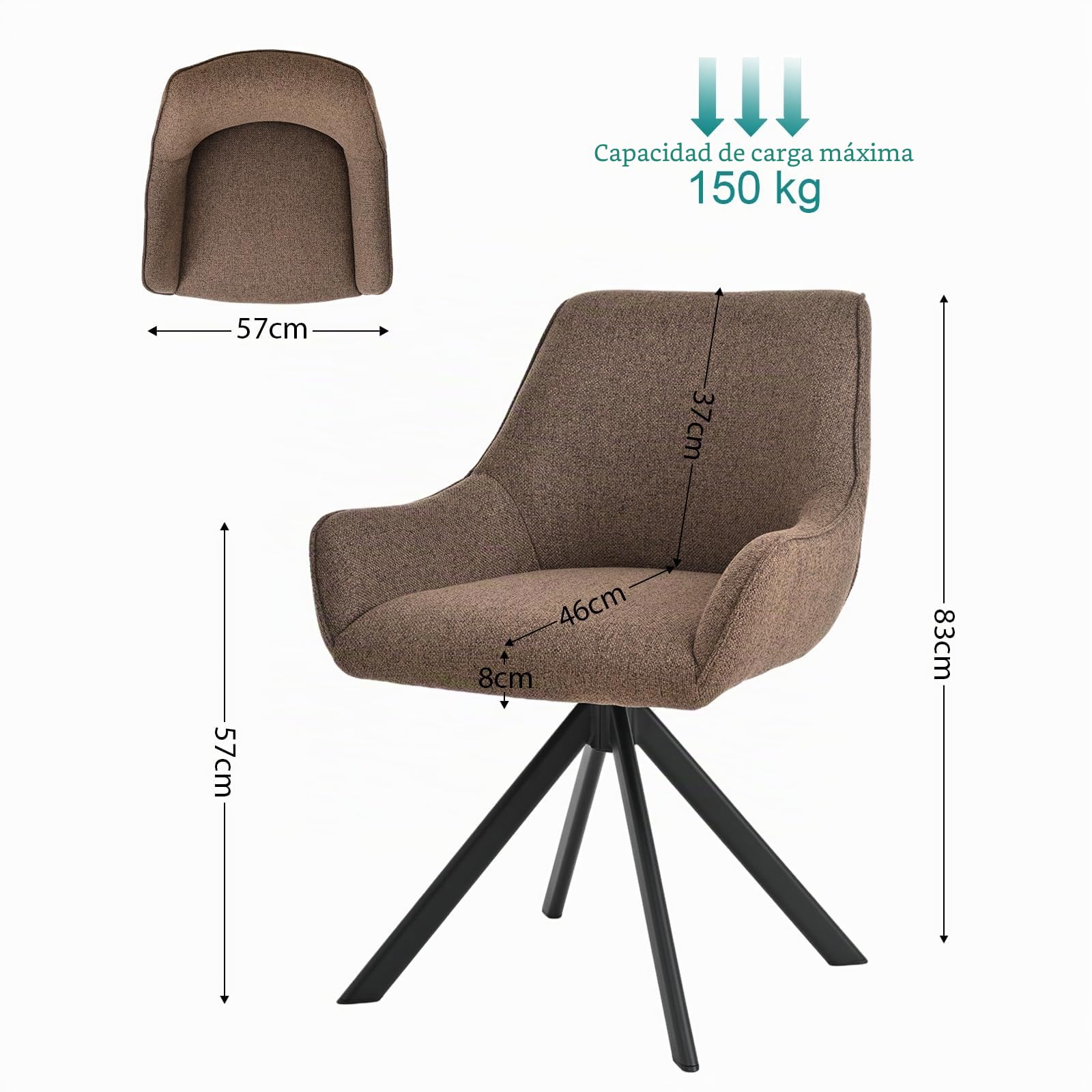 Juego de 4 sillas de comedor giratorias con reposabrazos, giratorias 360°, sillas tapizadas de lino, modernas, giratorias, con estructura de metal y respaldo para comedor, salón, oficina