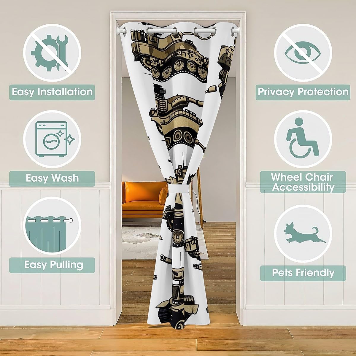 jejeloiu Tank Door Curtain for Doorway Privacy 52x84 Inch 1 Panel Kids American Army Closet Cover Boys Girls Teens Military Equipment Room Divider Curtain Washable Soldier Bedroom Living Room Decor