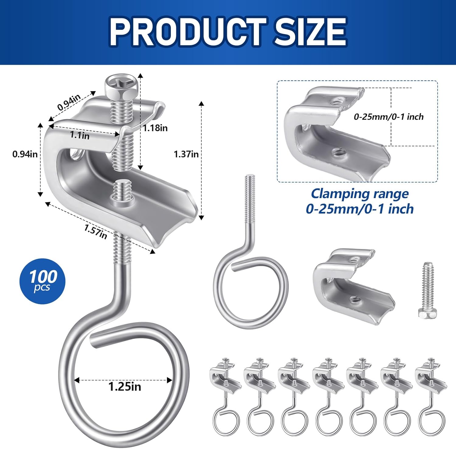 Hicarer 100 Set 1/4" x 20 Beam Clamp Steel Small C Clamps with Screws Metal Machine Threaded Bridle Rings Cable Ring Hangers for Pipe, Can Withstand 75 Lbs (1 1/4 Inch Bridle Rings)