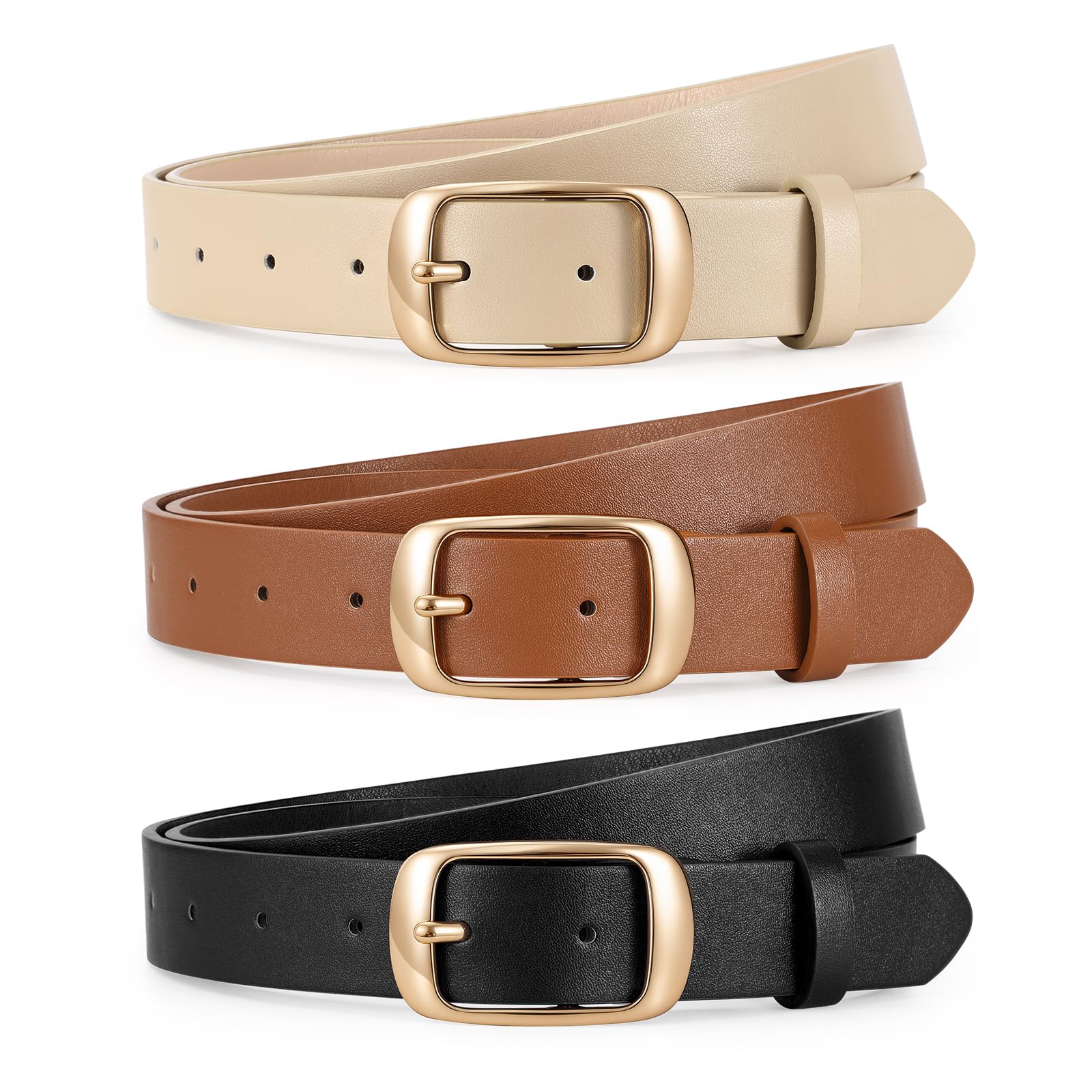 JASGOOD 3 PACK Women Belts for Jeans Pants Fashion Ladies Leather Waist Belt with Gold Buckle