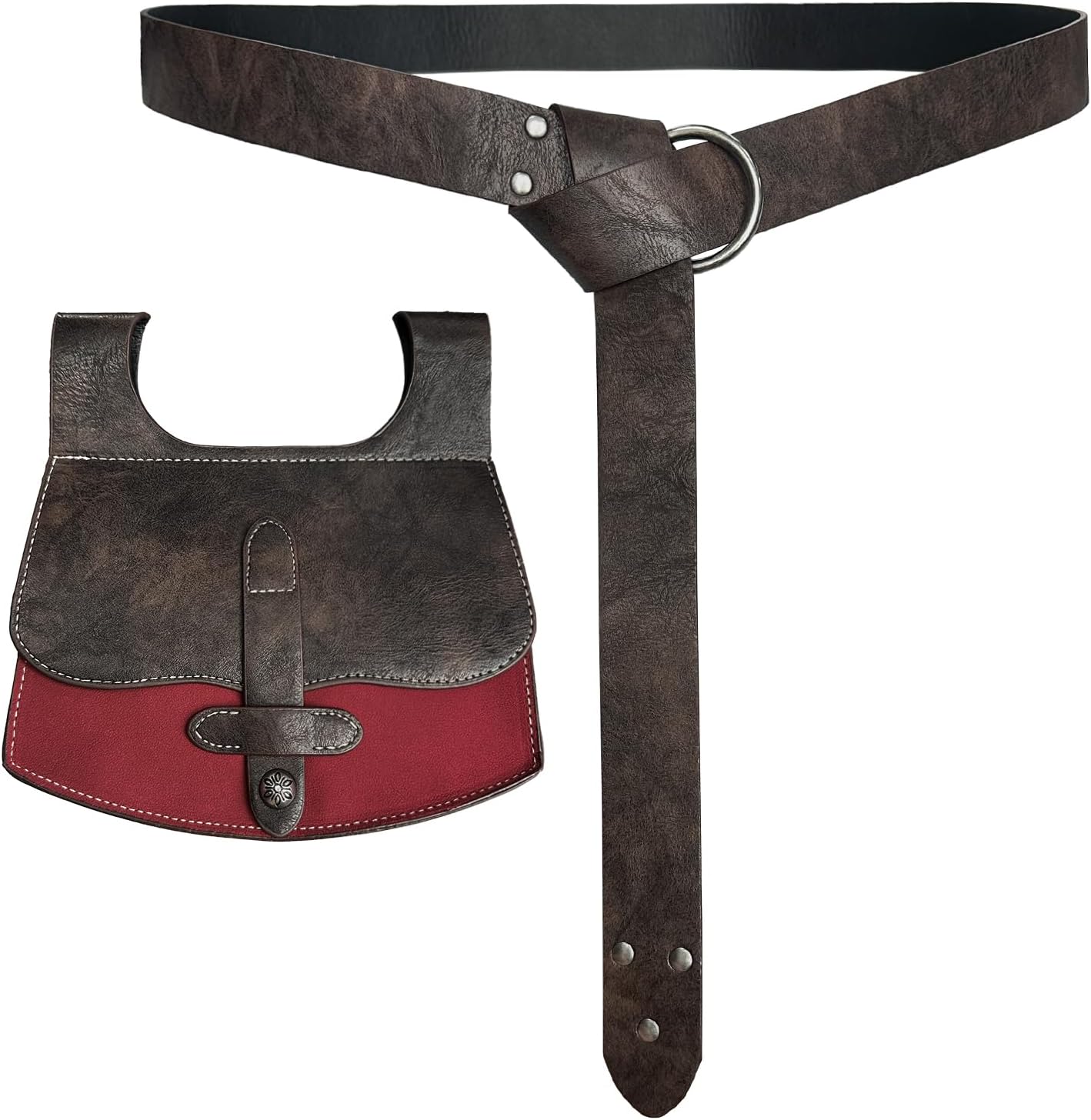 HiiFeuer Medieval Faux Leather Handmade Belt Bag with O Ring, Vintage Knight and Portable Renaissance Pouch Set (Brown B)