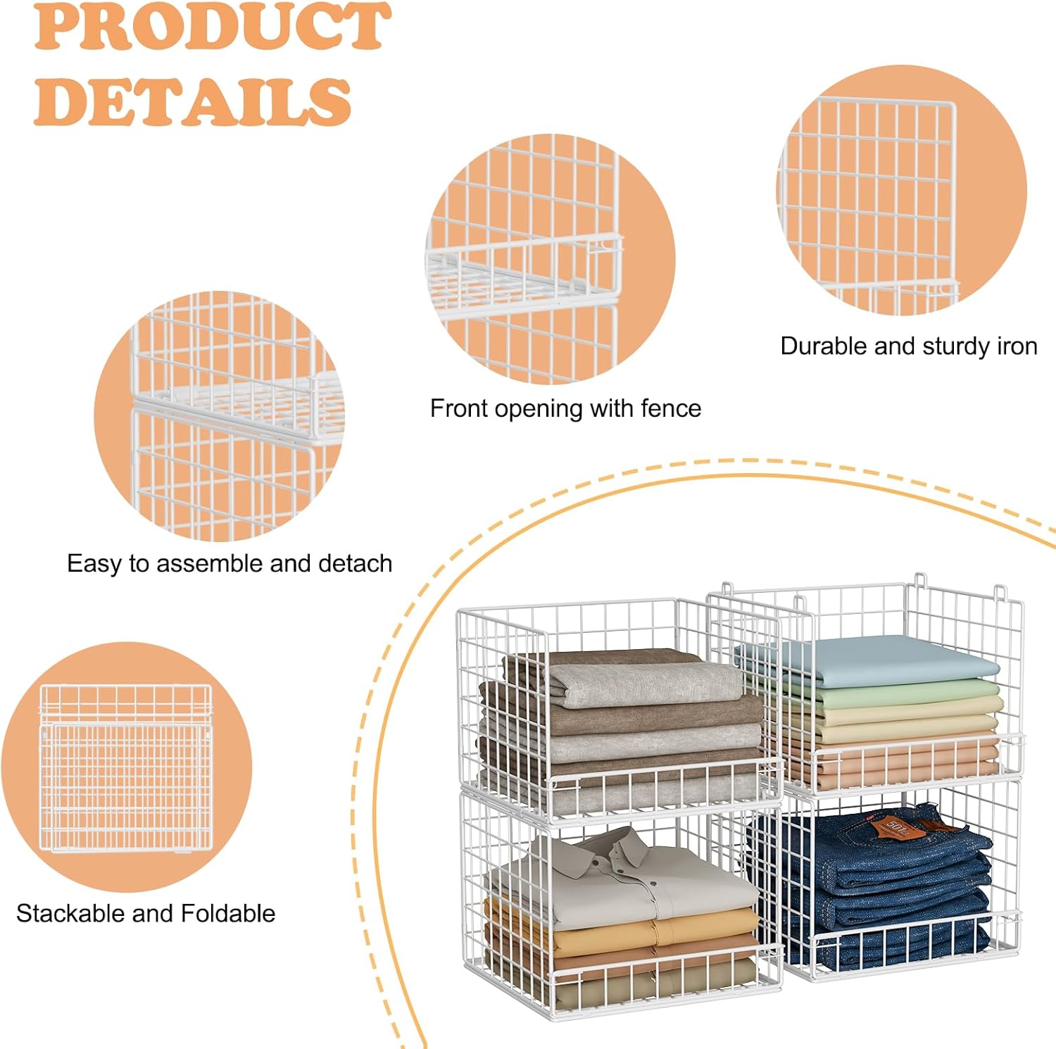 4-Tier Stackable Closet Organizers and Storage Baskets, Closet Shelf Organizer for Small Space, Space-Saving Clothes Storage Drawer, Foldable Clothes Storage Bins for Closet Organizer System, White