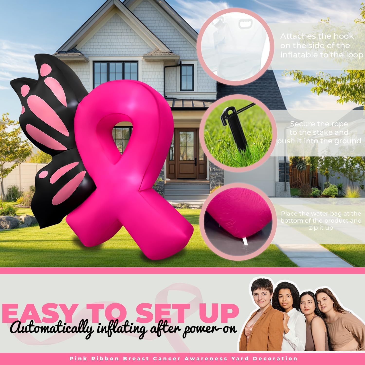 5.7FT Inflatable Breast Cancer Awareness Decorations LED Pink Ribbon Back Yard Signs Blow up Inflatables Home Garden Decor for Breast Cancer Activities Lawn Porch Outdoor Indoor Party Holiday