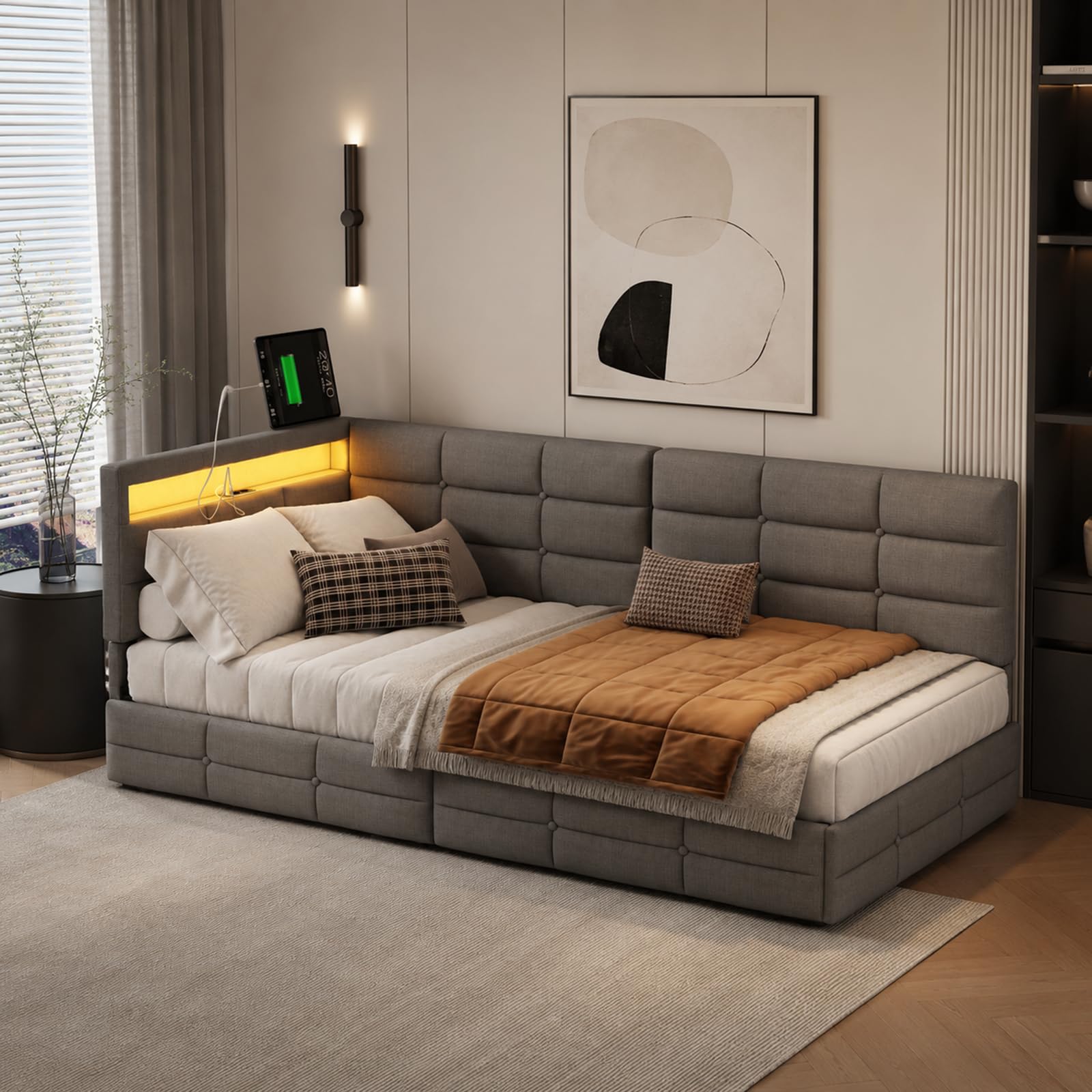 Polsterbett Schlafsofa 90x200 mit LED-Beleuchtung, Kinderbett Einzelbett mit Stauraum Schubladen und Kopfteil, Tagesbett Jugendbett Bettgestell mit Lattenrost, ohne Matratze (Graues Leinen 90cm)