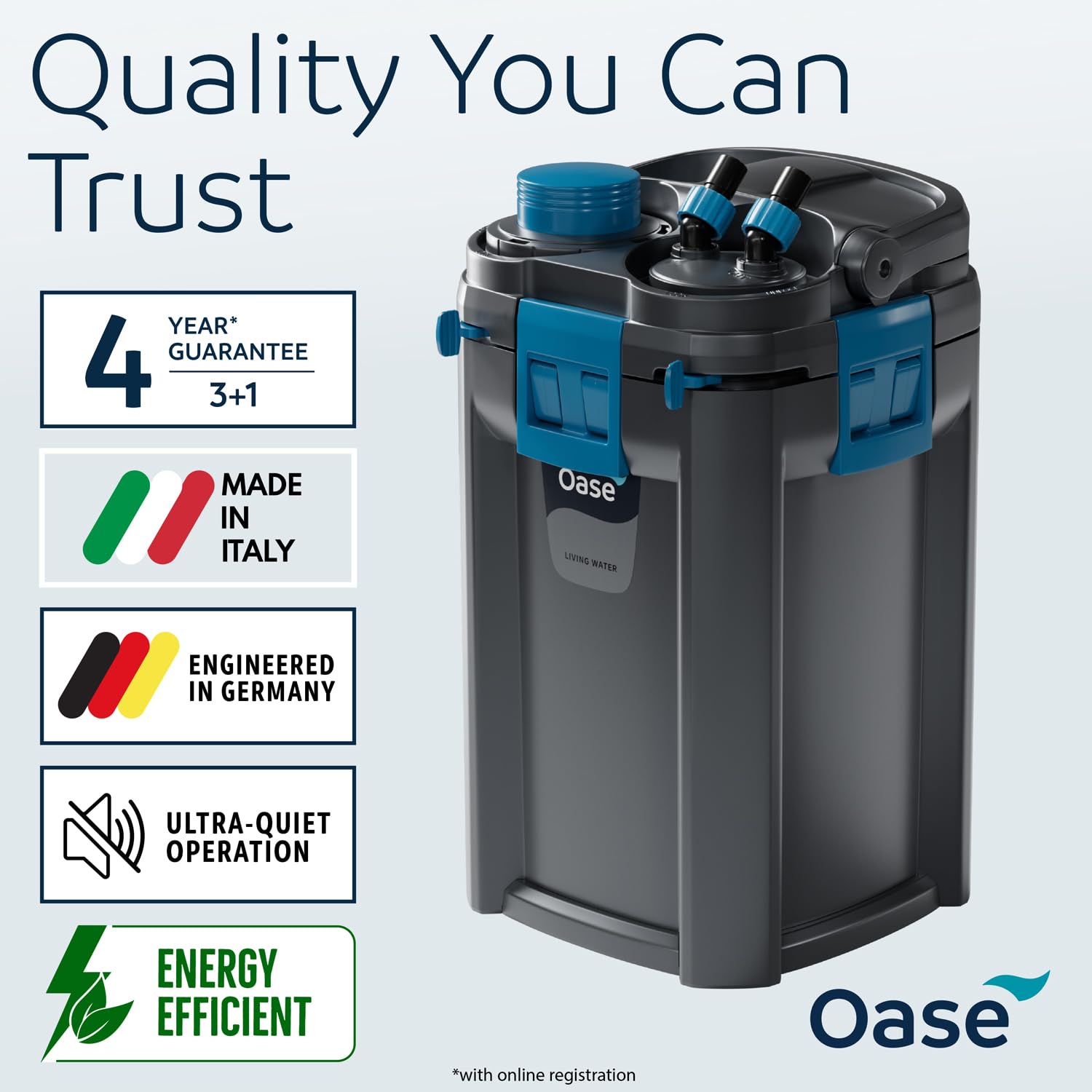 OASE BioMaster 2 850 filtr kanistrowy do akwariów, zewnętrzny filtr do akwarium z filtrem wstępnym EasyClean, cicha wydajność, słodkowodna i słona woda, do 50 litrów