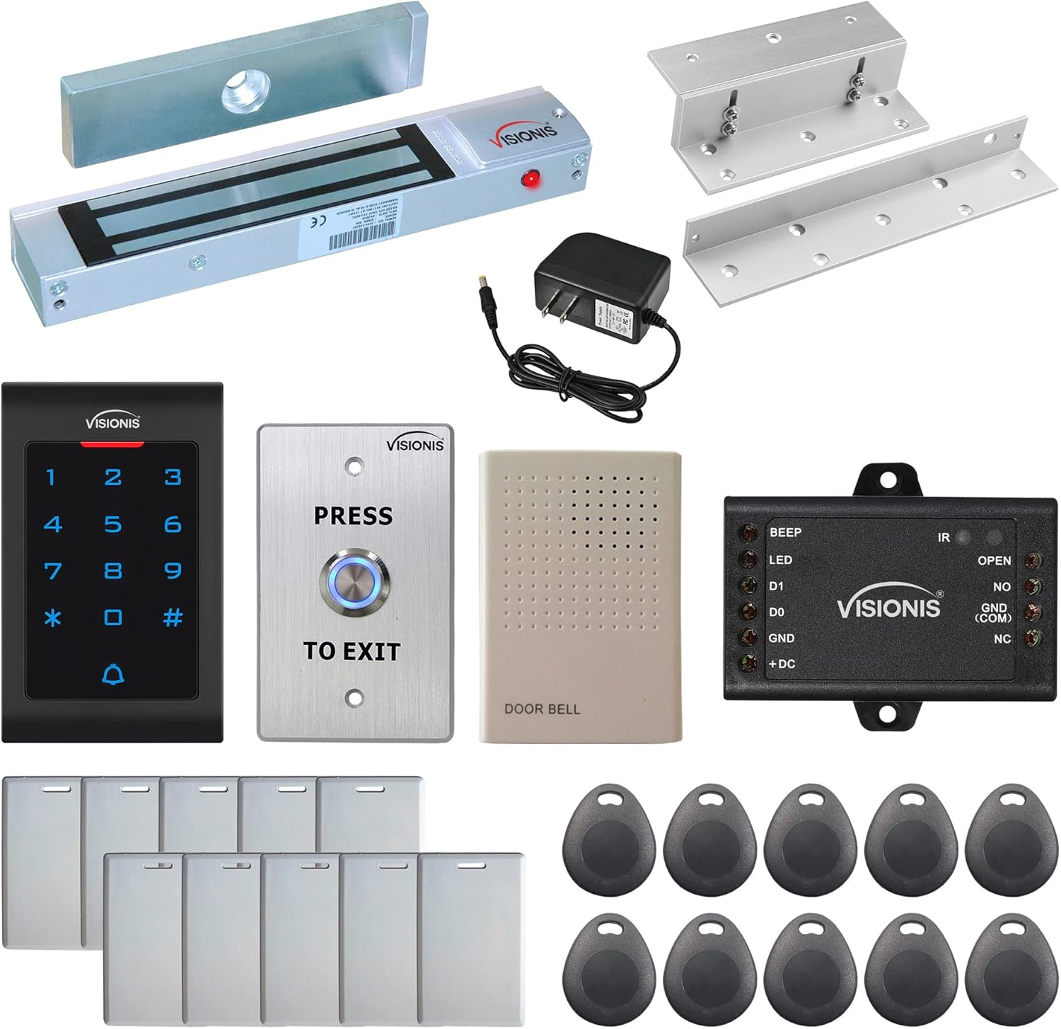 Visionis FPC-5323 One Door Access Control in Swinging Door 300lbs Maglock + VIS-3002 Indoor Use Only Keypad/Reader Standalone with Mini Controller + Wiegand 26, No Software, EM Card, 1000 Users Kit