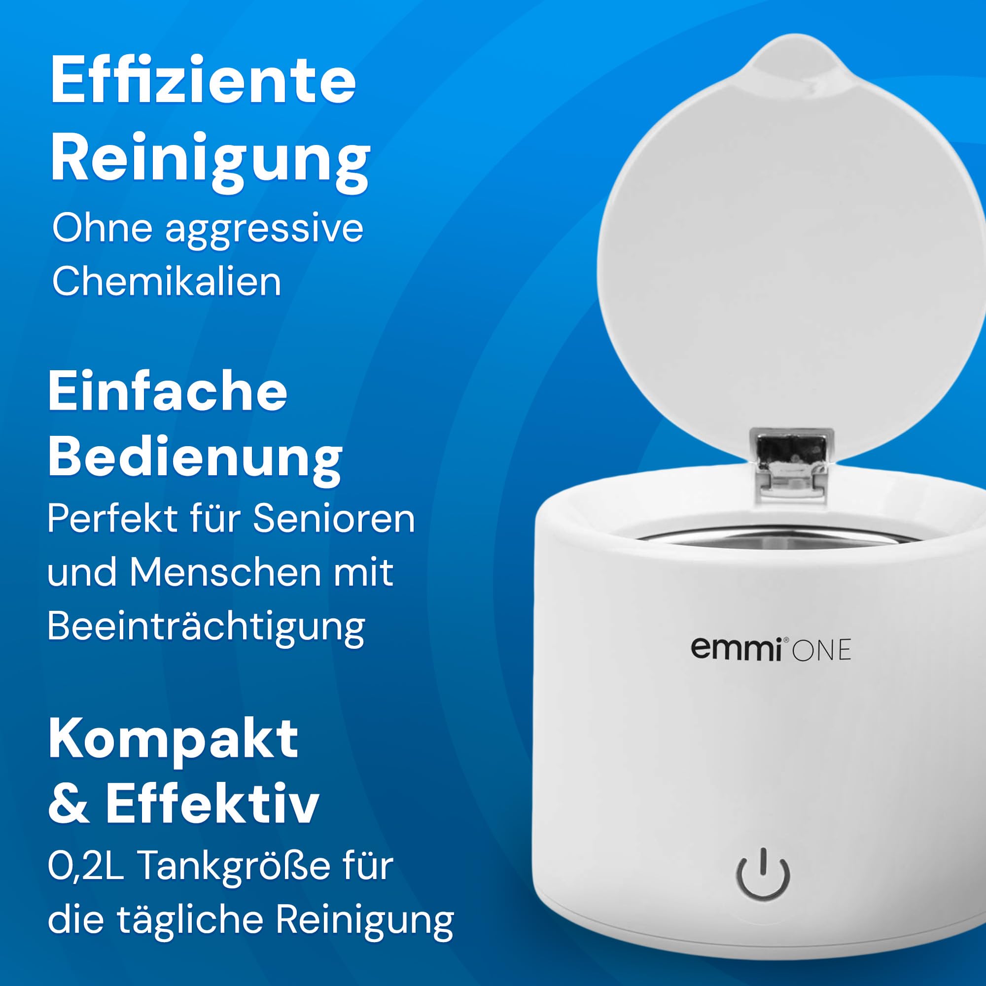 EMAG Emmi-One Ultraschallreiniger 0,2L – Mini Ultraschallbad für Zahnprothesen, Schmuck, Brillen, Uhren, Hörgeräte – 48kHz – inkl. EM-090 Reinigungskonzentrat – Kompakt & leise – 5 Min Timer