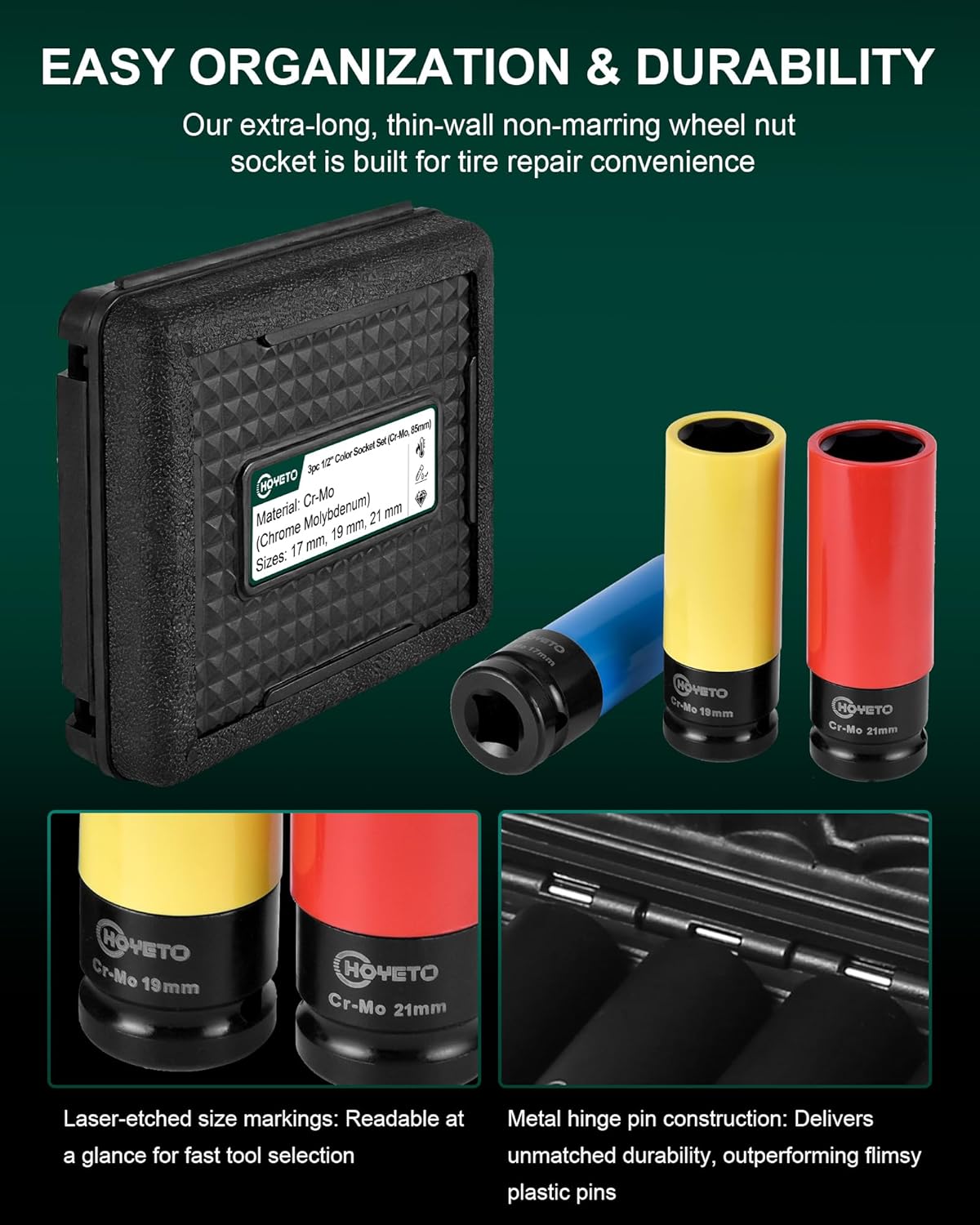 3PCS 1/2" Lug Nut Socket Set, Drive Lug Nut Set with Color-Coded Nylon Sleeve, Thin Wall Socket Set (17mm 19mm 21mm) Lug Nut Removal Tool with Cr-Mo, 1/2 Drive Socket Set for Power & Impact Wrenches