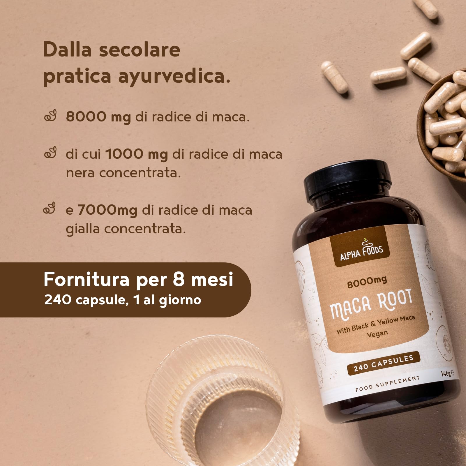 Maca Peruviana Nera Extra Forte | 8000mg per Capsula di Estratto di Maca Gialla + Black/Nera | Equilibrio Ormonale | 240 Capsule Vegane Alto Dosaggio | Alpha Foods
