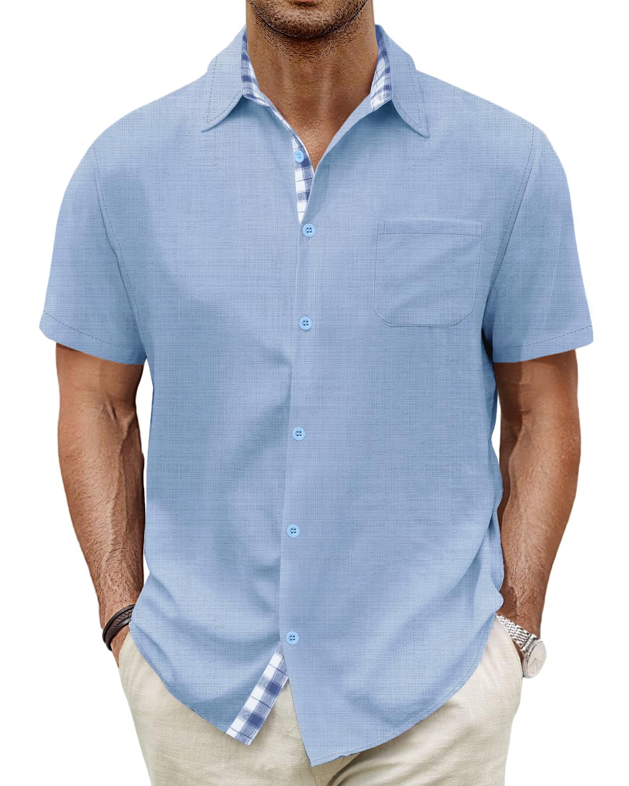 HMIYA Herren Kurzarm Hemd 100% Baumwolle Button Down Freizeithemden Sommer Strand Regular Fit Shirt