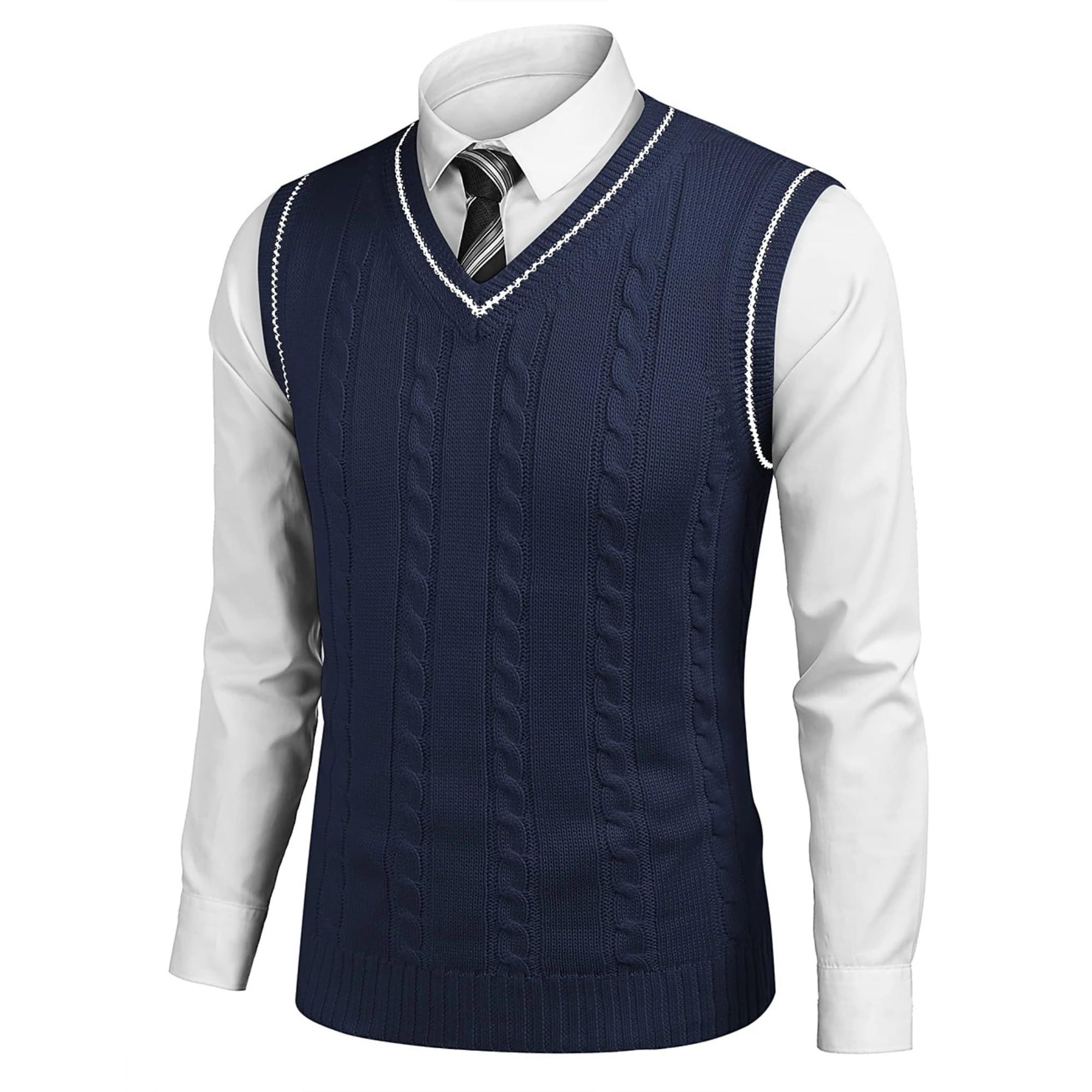 Chaleco de punto trenzado con cuello en V para hombre, ajuste relajado, sin mangas, suéter de punto cálido y ligero