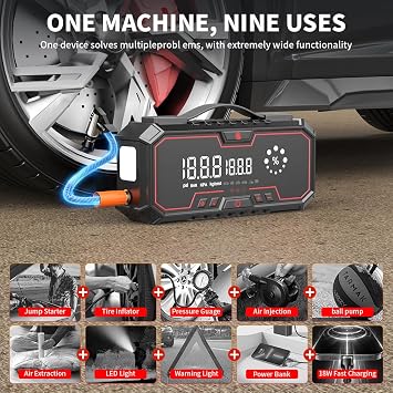 Jump Starter with air Compressor, 5000A Emergency Starter Jump Box (Gas 9L/Diesel 8L), Jumper Cable Jump Starter Portable with air Compressor 160PSI, car Roadside Emergency kit, SOS Light